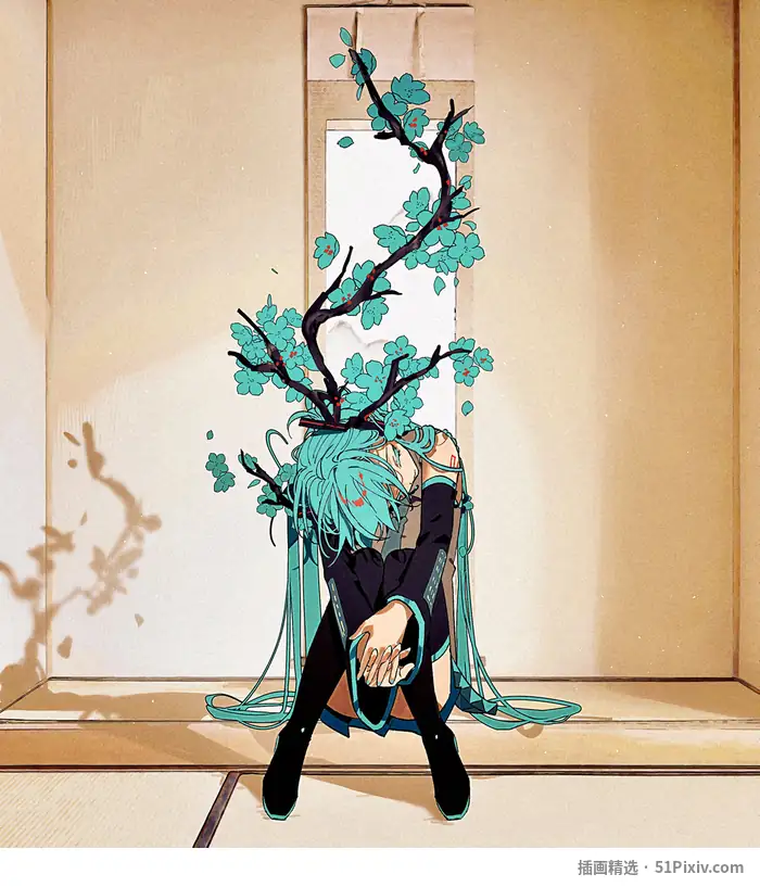 zero的代表作《挂轴》：初音未来坐在壁龛前，挂轴上的梅枝从画中长出
