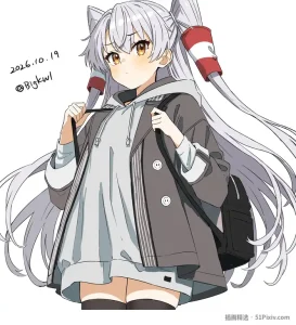 银发少女身穿灰色大衣与白色卫衣、背着黑色双肩包的天津风插画