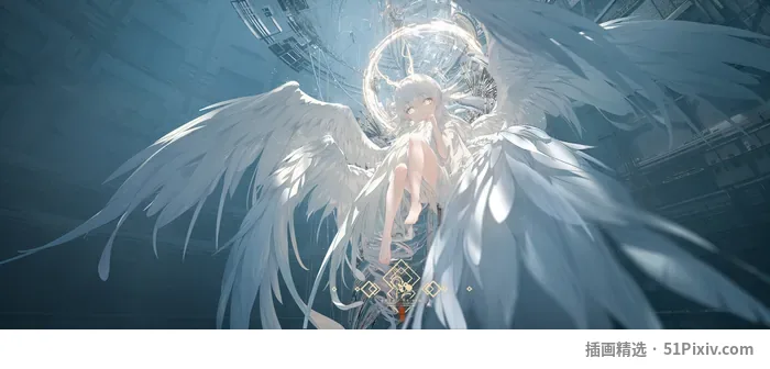 白翼天使少女端坐于机械光环之上的宽幅原创插画